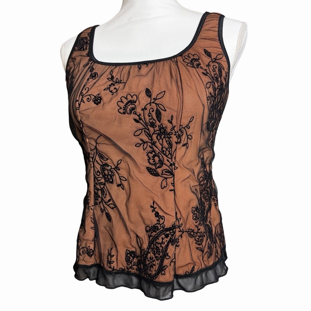 Vintage Y2K Brown Black Floral Lace Mesh Top Petite S/L Whimsigoth Fairy JTB - Picture 5 of 11